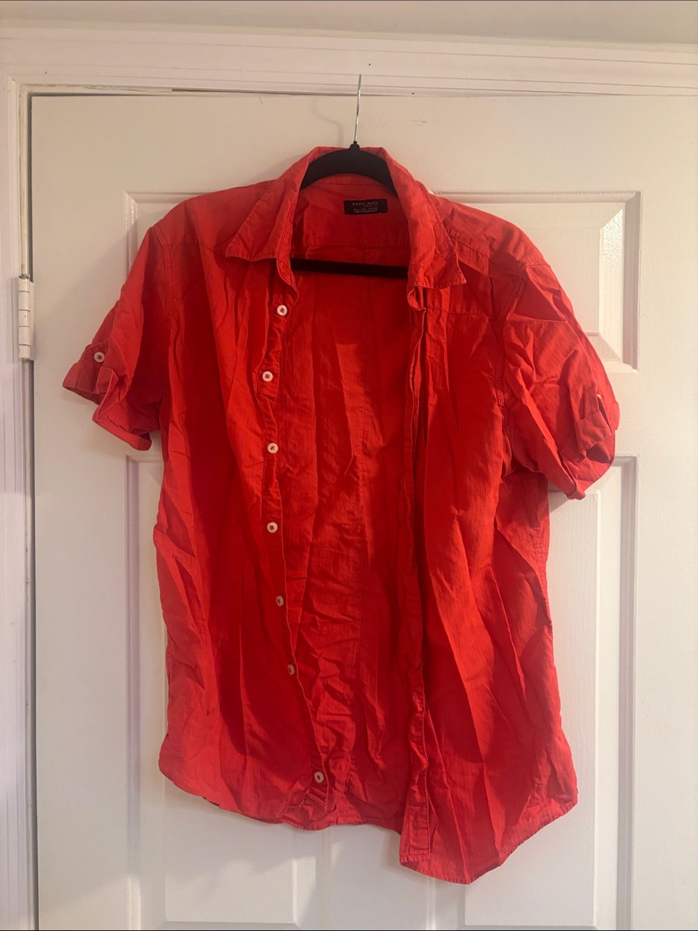 Zara Men's Bright Red Short-Sleeve Button-Down Shirt